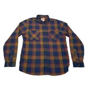 Levi’s Plaid Flannel Long Sleeve Button Up Shirt Navy Blue Red Yellow Mens Large